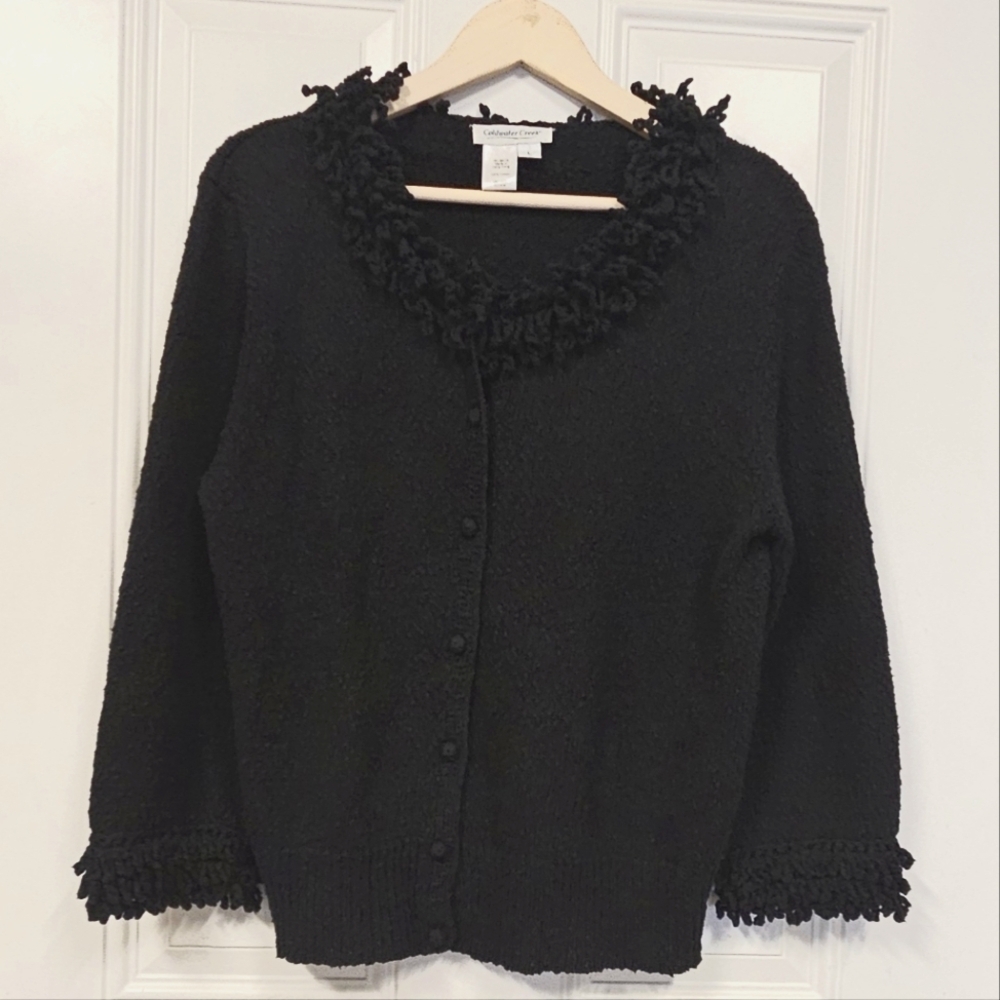 Cold water creek women cotton knit fringe  button front black cardigan size L